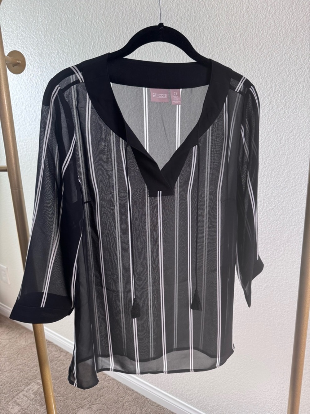 Chico's Black and White Vertical-Stripe Sheer Tunic